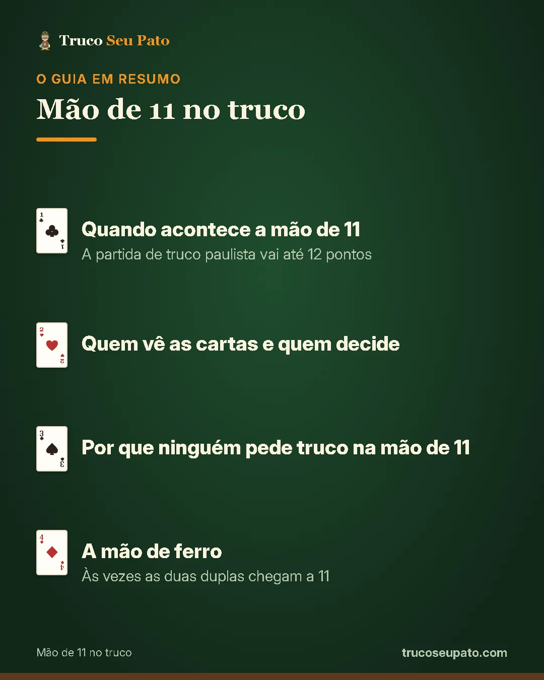 Resumo do guia: 1. Quando acontece a mão de 11; 2. Quem vê as cartas e quem decide; 3. Por que ninguém pede truco na mão de 11; 4. A mão de ferro.