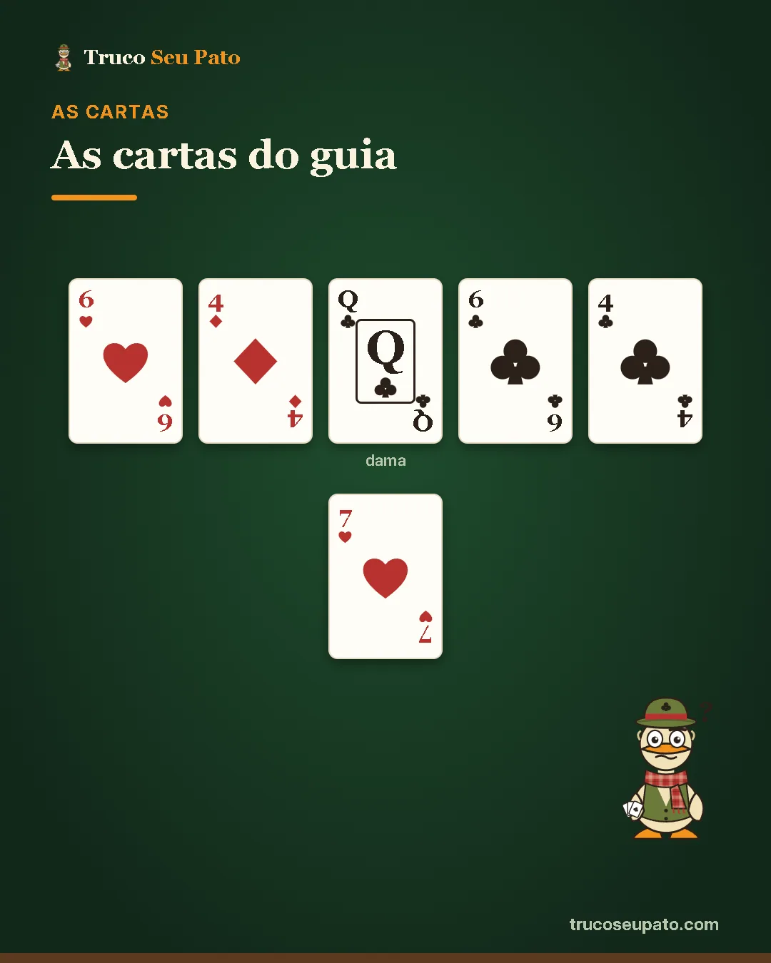 Cartas citadas no guia: 6, 4, dama, 6, 4, 7.